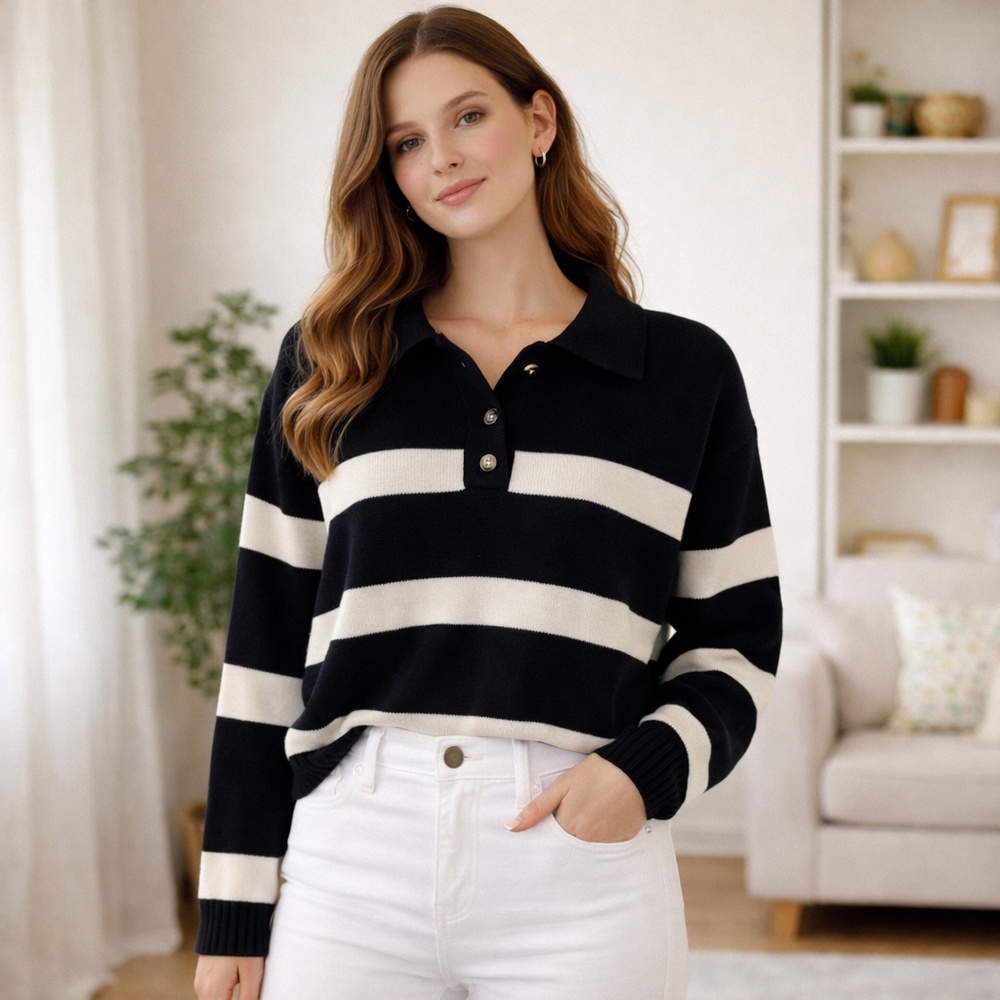 H&M Navy White Stripe Cropped Knit Sweater Womens Small Preppy Spring Summer